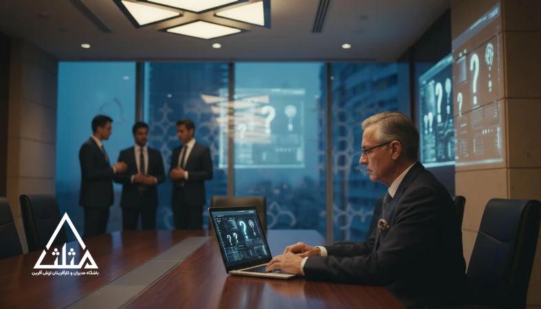 مدیران در جلسه تصمیم‌گیری مدیریتی با داده‌های ناقص و بررسی سناریوها در فضای حرفه‌ای