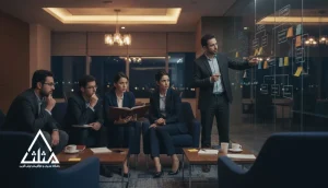 مدیران در جلسه تحلیلی روایت و داستان برای یادگیری مدیریتی، تصمیم‌گیری و رهبری در فضای حرفه‌ای شبکه‌سازی