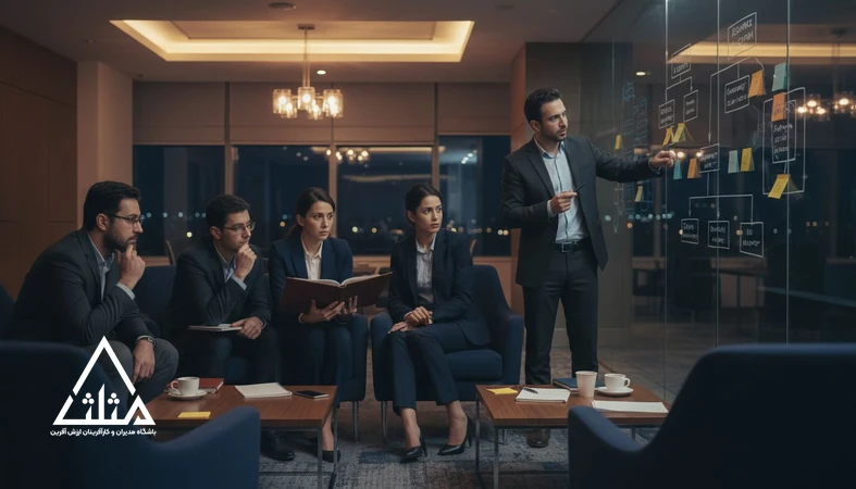 مدیران در جلسه تحلیلی روایت و داستان برای یادگیری مدیریتی، تصمیم‌گیری و رهبری در فضای حرفه‌ای شبکه‌سازی