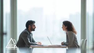 دو مدیر (یک مرد و یک زن) روبه‌روی هم در جلسه مذاکره سازمانی، با گفت‌وگوی متمرکز و آرام کنار لپ‌تاپ؛ تصویر نماد مذاکره حرفه‌ای و رسیدن به توافق بدون تنش.