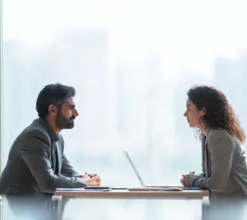 دو مدیر (یک مرد و یک زن) روبه‌روی هم در جلسه مذاکره سازمانی، با گفت‌وگوی متمرکز و آرام کنار لپ‌تاپ؛ تصویر نماد مذاکره حرفه‌ای و رسیدن به توافق بدون تنش.