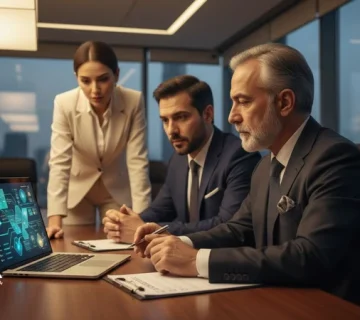 مدیران در جلسه کاری در حال استفاده از هوش مصنوعی در مدیریت با حفظ کنترل تصمیم‌گیری مدیریتی و بررسی چک‌لیست انسانی