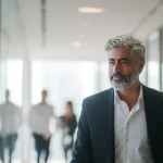 مدیر میانسال با موهای جوگندمی و کت‌وشلوار در راهروی روشن یک دفتر مدرن در حال حرکت است؛ تصویر نماد خودشناسی، رشد فردی و یادگیری مستمر مدیران برای پیشبرد سازمان.