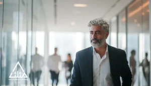 مدیر میانسال با موهای جوگندمی و کت‌وشلوار در راهروی روشن یک دفتر مدرن در حال حرکت است؛ تصویر نماد خودشناسی، رشد فردی و یادگیری مستمر مدیران برای پیشبرد سازمان.