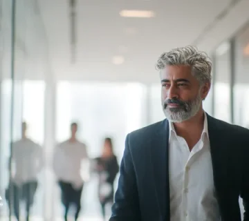 مدیر میانسال با موهای جوگندمی و کت‌وشلوار در راهروی روشن یک دفتر مدرن در حال حرکت است؛ تصویر نماد خودشناسی، رشد فردی و یادگیری مستمر مدیران برای پیشبرد سازمان.