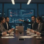 جلسه مدیران در اتاق هیئت‌مدیره هنگام مدیریت سازمان در شرایط بحران و تغییرات ناگهانی با تمرکز بر تصمیم‌گیری و کنترل اضطراب