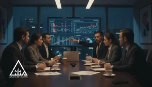 جلسه مدیران در اتاق هیئت‌مدیره هنگام مدیریت سازمان در شرایط بحران و تغییرات ناگهانی با تمرکز بر تصمیم‌گیری و کنترل اضطراب