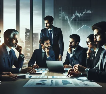 مدیران در حال تحلیل نشانه‌های اقتصادی و داده‌های بازار برای تصمیم‌گیری اجرایی در جلسه مدیریتی