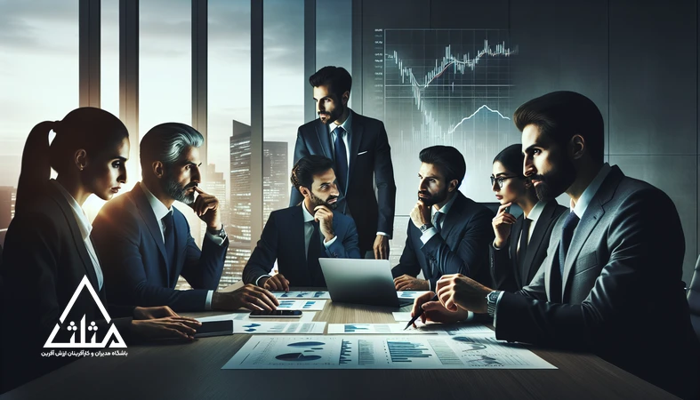 مدیران در حال تحلیل نشانه‌های اقتصادی و داده‌های بازار برای تصمیم‌گیری اجرایی در جلسه مدیریتی