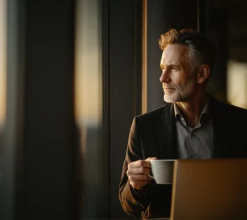 Iranian business manager maintaining mental health and work-life balance in a modern office environment