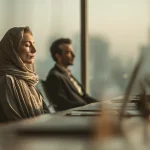 مدیر ایرانی در حال تمرین ذهن‌آگاهی برای افزایش تمرکز، آرامش و تصمیم‌گیری بهتر در محیط کاری حرفه‌ای