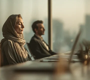 مدیر ایرانی در حال تمرین ذهنآگاهی برای افزایش تمرکز، آرامش و تصمیمگیری بهتر در محیط کاری حرفهای