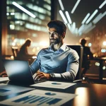 مدیر در حال تمرین ذهن‌آگاهی در محیط کاری برای افزایش تمرکز و بهبود کیفیت تصمیم‌گیری مدیریتی