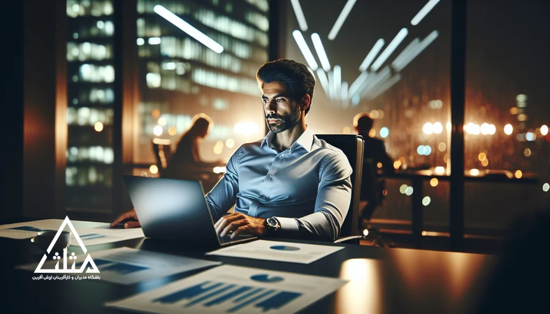 مدیر در حال تمرین ذهن‌آگاهی در محیط کاری برای افزایش تمرکز و بهبود کیفیت تصمیم‌گیری مدیریتی