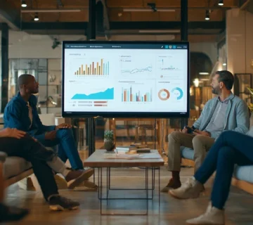 جلسه ارزیابی عملکرد مدرن با گفت‌وگوی رشد بین مدیر و کارمند با نمودارهای رشد در پس‌زمینه