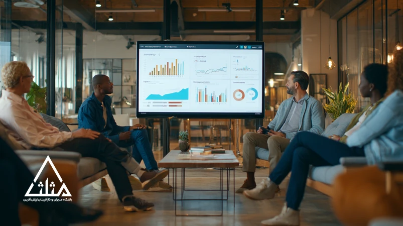 جلسه ارزیابی عملکرد مدرن با گفت‌وگوی رشد بین مدیر و کارمند با نمودارهای رشد در پس‌زمینه