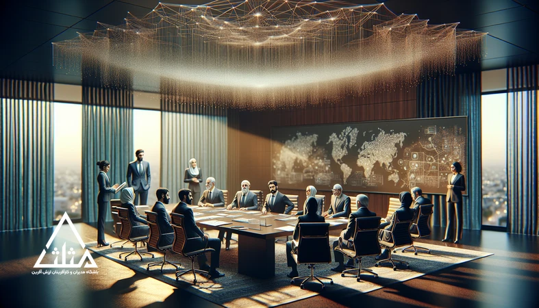 جلسه مدیران در محیط کاری مدرن با نمایش مفهومی فرهنگ سازمانی به‌عنوان دارایی پنهان سازمان و اثر آن بر تصمیم‌گیری و همکاری