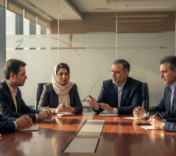 جلسه مدیران در اتاق کنفرانس با فضای جدی؛ تصویر مفهومی از فرهنگ سازمانی و اثر آن بر عملکرد و تصمیم‌گیری