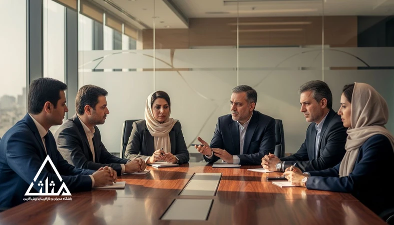 جلسه مدیران در اتاق کنفرانس با فضای جدی؛ تصویر مفهومی از فرهنگ سازمانی و اثر آن بر عملکرد و تصمیم‌گیری