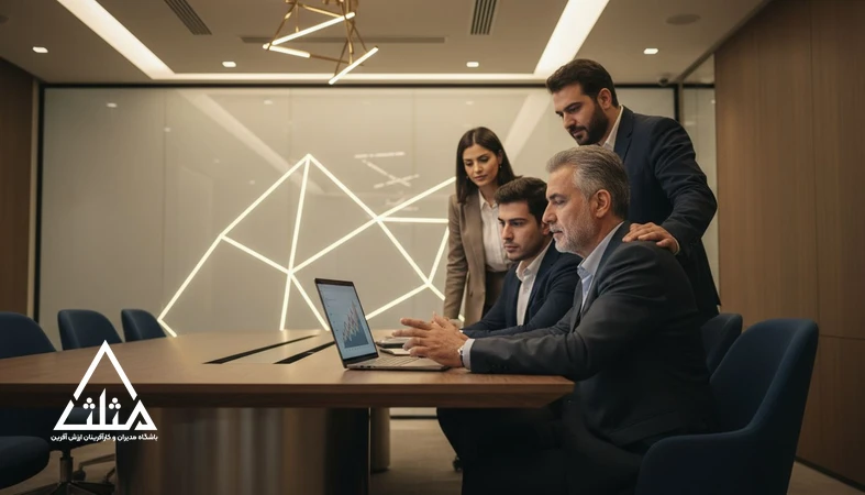 جلسه مدیران در حال بررسی نمودار رشد سازمان؛ تصویر مفهومی درباره اینکه رشد سازمان بدون رشد مدیر ممکن نیست