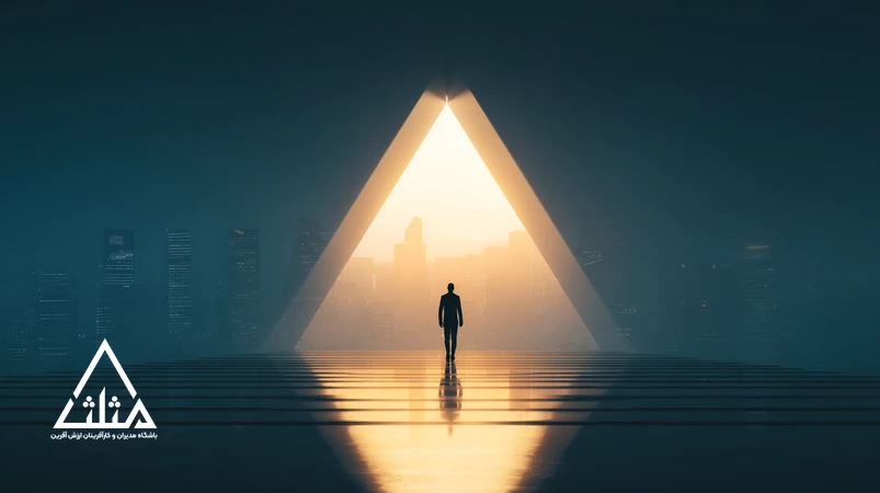 Iranian business leader standing at the start of a multi-level personal development roadmap symbolizing leadership skills and future-ready growth