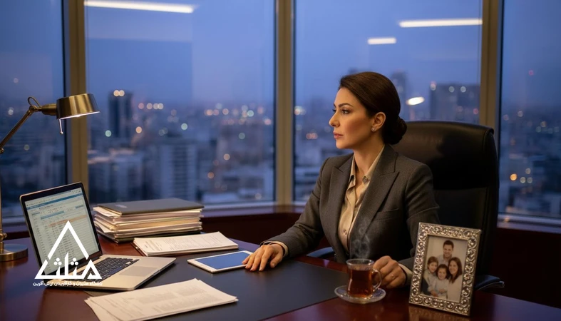 مدیر ایرانی در فضای کاری مدرن که در حال ایجاد تعادل میان مسئولیت‌های شغلی و زندگی شخصی است