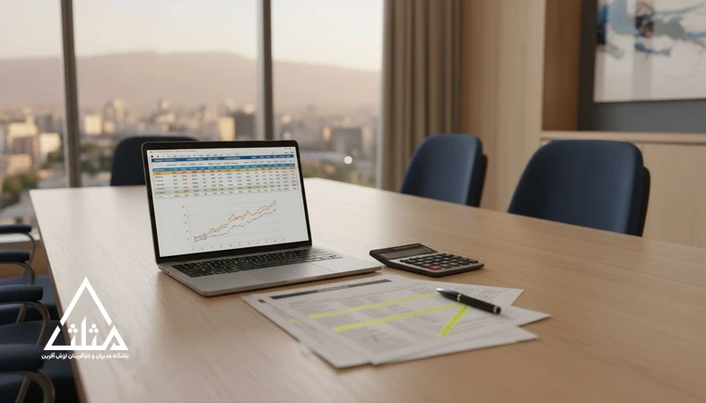 جلسه مدیریتی برای بودجه‌ریزی عملی کسب‌وکار با نمایش اکسل بودجه و نمودار جریان نقدی و کنترل هزینه‌های پنهان