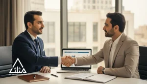 جلسه حرفه ای فروش و مدیریت اعتماد مشتری با دست دادن دو مدیر و پیشنهاد قراردادی روی میز