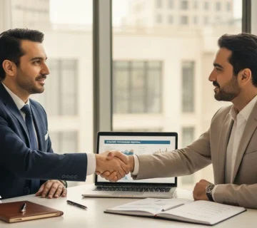 جلسه حرفه ای فروش و مدیریت اعتماد مشتری با دست دادن دو مدیر و پیشنهاد قراردادی روی میز