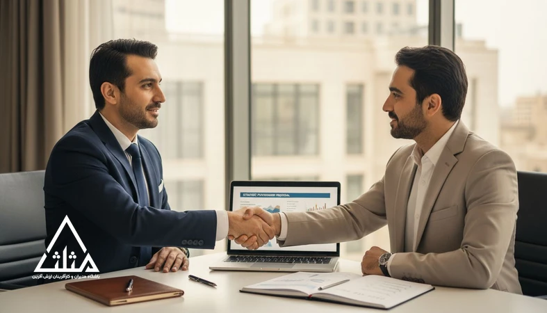 جلسه حرفه ای فروش و مدیریت اعتماد مشتری با دست دادن دو مدیر و پیشنهاد قراردادی روی میز