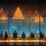 مدیران و کارآفرینان در حال طراحی نوآوری سودآور و تبدیل خلاقیت به ارزش اقتصادی و مزیت رقابتی در یک جلسه حرفه‌ای