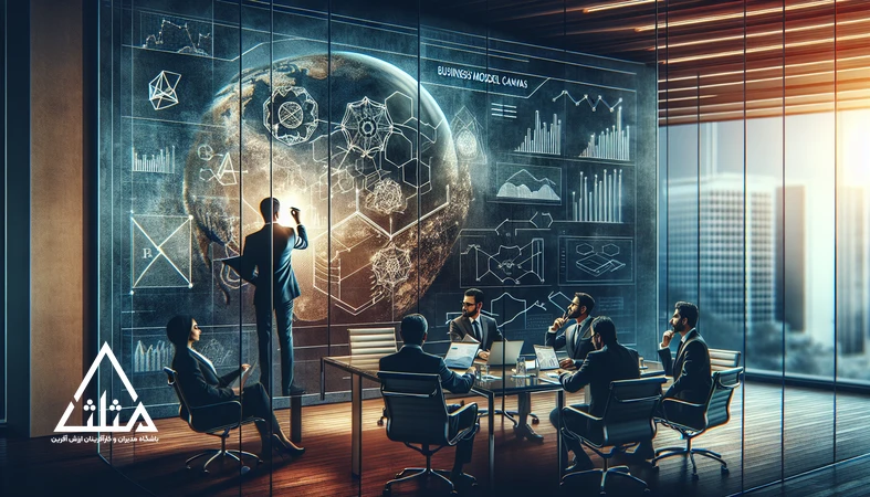 جلسه مدیران در حال تبدیل ایده خام به مدل کسب‌وکار پایدار و بررسی اعتبارسنجی ایده و جریان درآمدی