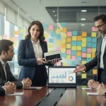 مدیران در جلسه کاری در حال تبدیل ایده خلاقانه به نوآوری واقعی با تمرکز بر KPI و اجرای عملی