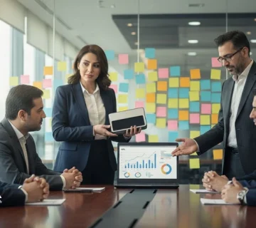 مدیران در جلسه کاری در حال تبدیل ایده خلاقانه به نوآوری واقعی با تمرکز بر KPI و اجرای عملی