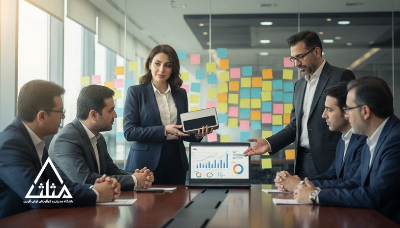 مدیران در جلسه کاری در حال تبدیل ایده خلاقانه به نوآوری واقعی با تمرکز بر KPI و اجرای عملی