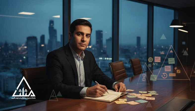 مدیر ایرانی در حال برنامه‌ریزی و تمرکز برای ساخت انگیزه پایدار و پیشرفت روزانه در محیط کاری حرفه‌ای