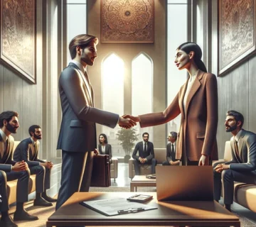 گفتگوی حرفه‌ای و دست دادن دو مدیر در جلسه فروش رابطه‌محور با تمرکز بر اعتماد و ارتباط بلندمدت