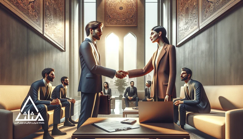 گفتگوی حرفه‌ای و دست دادن دو مدیر در جلسه فروش رابطه‌محور با تمرکز بر اعتماد و ارتباط بلندمدت