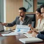 جلسه مدیران استارتاپ برای تصمیم‌گیری درباره آمادگی مقیاس‌پذیری با بررسی نمودار رشد و واحد اقتصادی