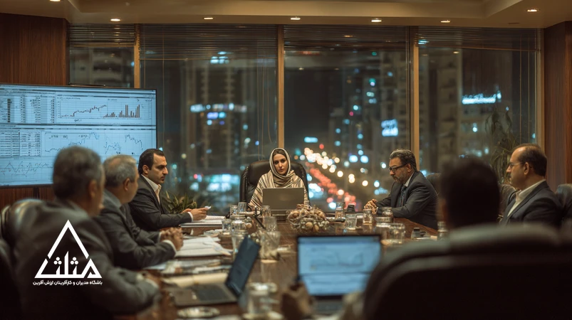 مدیران ایرانی در یک جلسه کاری در حال بررسی گزارش‌های مالی و ریسک‌های مالیات و حسابداری کاربردی برای مدیران