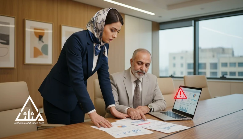 مدیر غیرمالی در جلسه کاری با حسابدار در حال بررسی اسناد و ریسک جریمه مالیاتی در شرکت