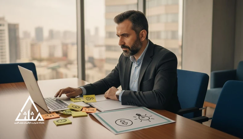 مدیر در حال مدیریت زمان و تفکیک کارهای فوری از کارهای مهم با برنامه‌ریزی و اولویت‌بندی در محیط کاری