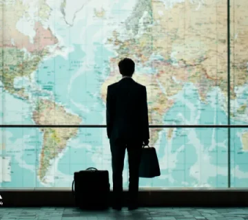 مدیر کت‌وشلواری از پشت، مقابل نقشه بزرگ جهان در سالن ترانزیت ایستاده و چمدان و کیف دستی کنار اوست؛ نمادی از سفر به‌عنوان ابزار یادگیری و گسترش نگاه مدیریتی.