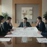 جلسه مدیران در حال تدوین استراتژی برند و هم‌جهت‌کردن تصمیم‌های بازاریابی روی نقشه پیام برند