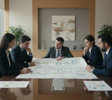 جلسه مدیران در حال تدوین استراتژی برند و هم‌جهت‌کردن تصمیم‌های بازاریابی روی نقشه پیام برند