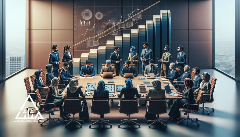 جلسه مدیران در حال بررسی چالش‌های مقیاس‌پذیری کسب‌وکار و تحلیل نمودار رشد برای برنامه‌ریزی رشد پایدار
