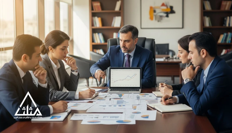 جلسه مدیران و کارآفرینان در حال تحلیل مدل کسب‌وکار و نمودارهای مالی برای تبدیل ایده به کسب‌وکار پایدار