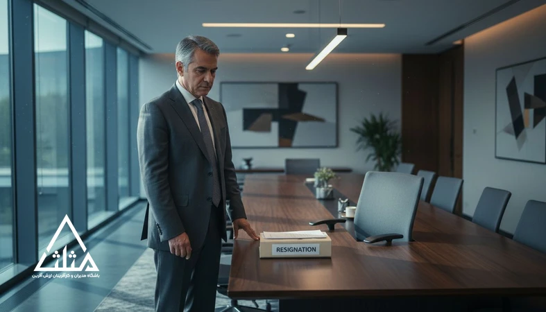 جلسه مدیریتی با صندلی خالی و پوشه استعفا؛ تصویر مفهومی از ترک نیروهای توانمند و چالش نگهداشت کارکنان در سازمان‌ها