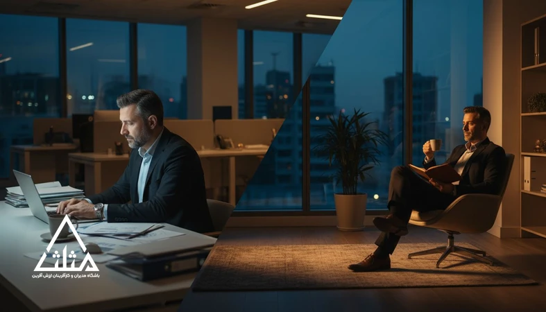 مدیر در محیط کاری مدرن در حال مدیریت تعادل کار و زندگی و پیشگیری از فرسودگی شغلی بدون افت عملکرد