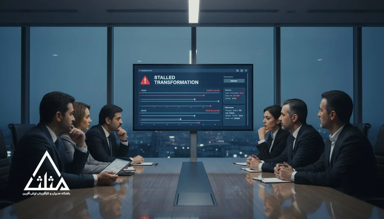 جلسه مدیران درباره بن‌بست تحول دیجیتال و تصمیم‌های اشتباه مدیریتی با نمایش داشبوردهای متوقف شده